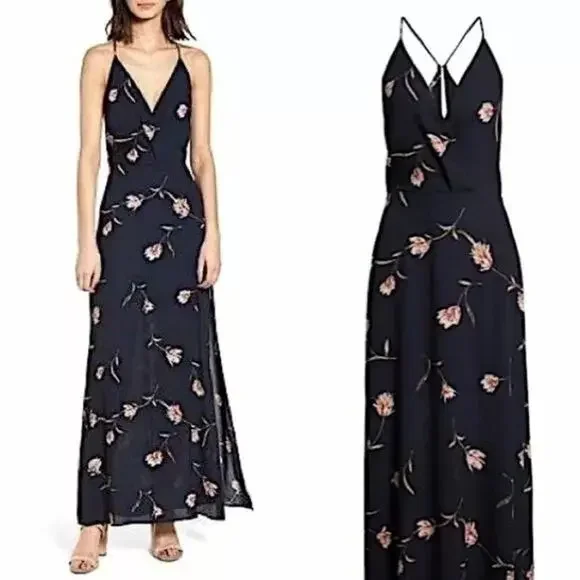 Lush | Dresses | Lush Floral Surplice Maxi Dress Side Slit Open Back Deep V  Neck Navy S | Poshmark